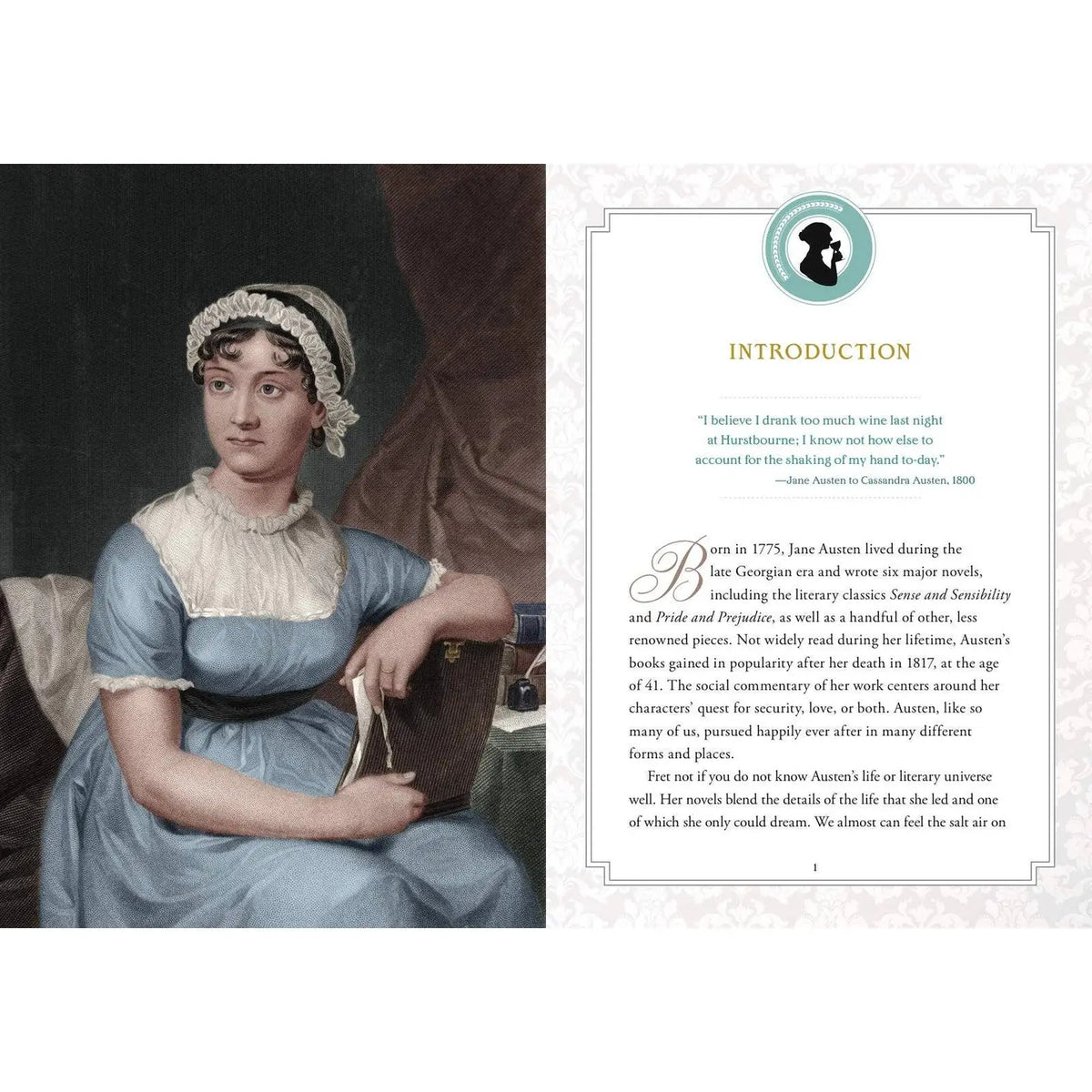 Interior spread of Gin Austen cocktail book featuring a historical portrait of Jane Austen alongside the introduction exploring her life, novels, and Regency-era society.