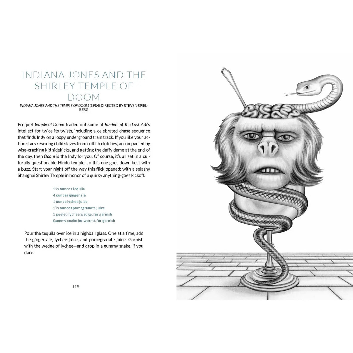 Interior spread of Gone with the Gin featuring the Indiana Jones and the Shirley Temple of Doom cocktail recipe with a detailed illustration of a monkey-head cocktail glass and snake.