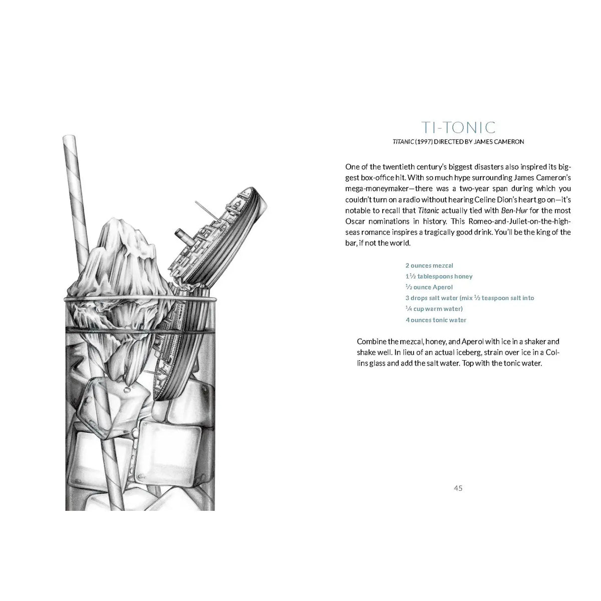 Interior page of Gone with the Gin showing the Ti-Tonic cocktail recipe inspired by Titanic, with an illustrated ocean liner and iceberg in a cocktail glass.