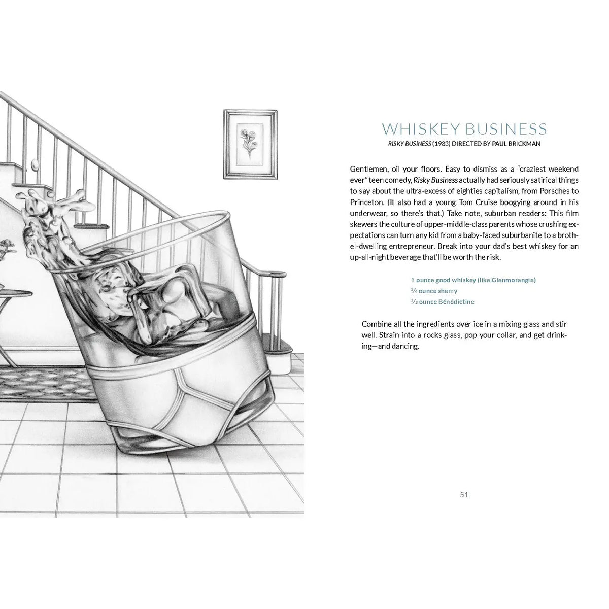 Interior page of Gone with the Gin featuring the Whiskey Business cocktail inspired by the 1983 film Risky Business, with an illustrated whiskey glass and recipe.