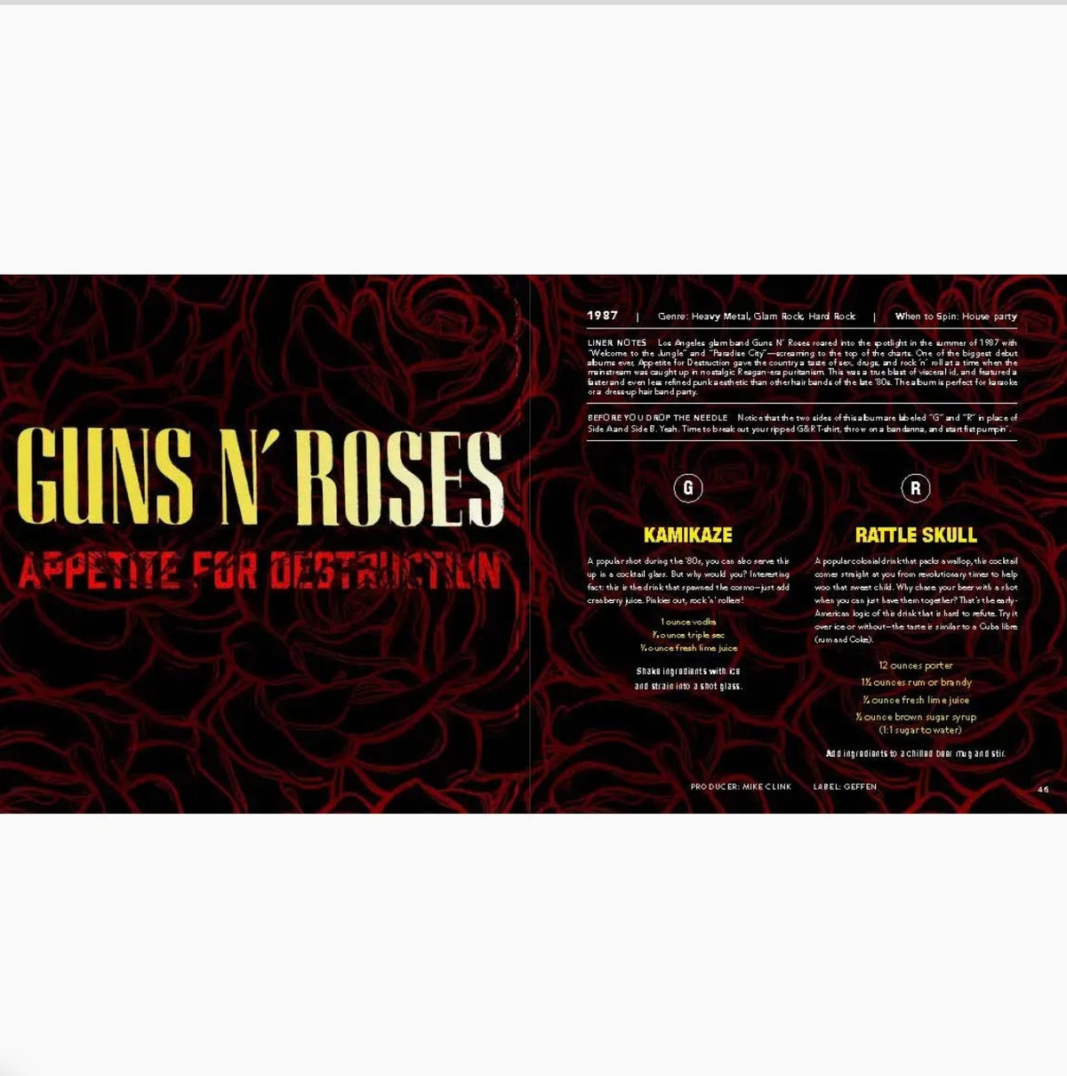 Interior pages of Booze & Vinyl featuring Guns N' Roses Appetite for Destruction with dramatic red rose artwork and Kamikaze and Rattle Skull cocktail recipes.
