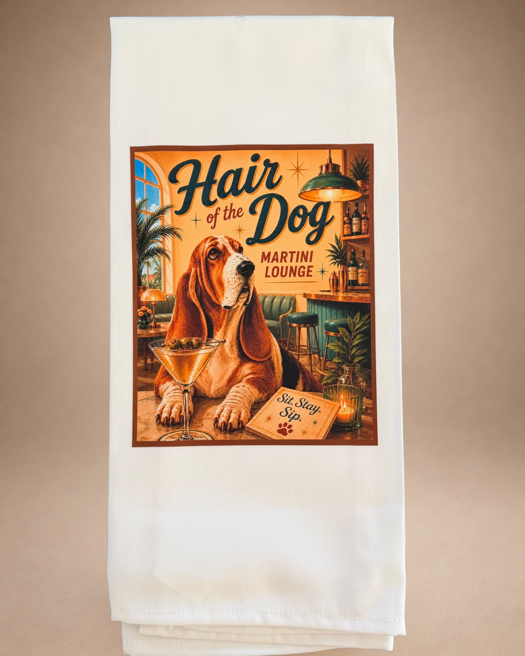 Retro Basset Hound tea towel featuring Hair of the Dog Martini Lounge artwork with a classic martini and Sit Stay Sip design.