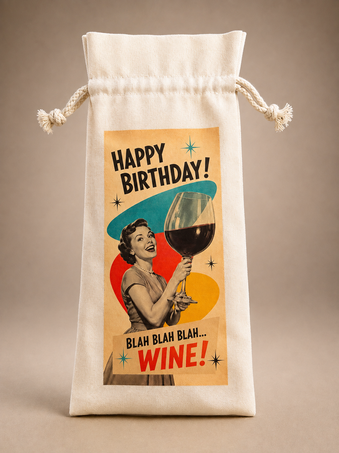 Reusable white canvas wine gift bag featuring retro Happy Birthday artwork and Blah Blah Blah Wine design.