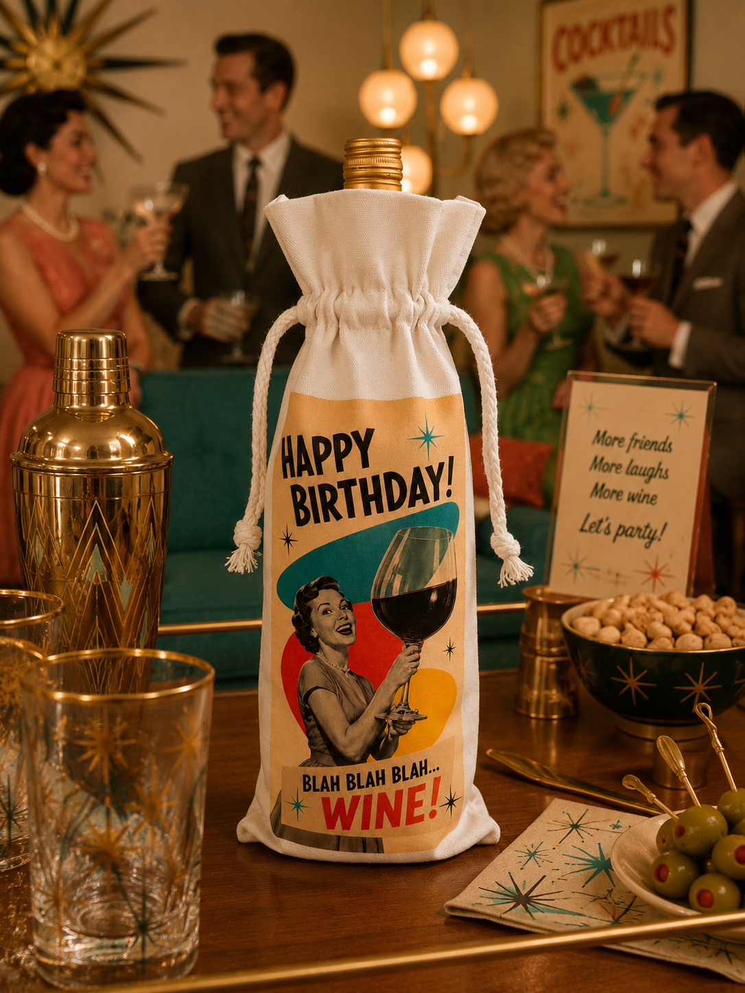 Reusable retro birthday wine bottle bag displayed on a midcentury modern home bar with vintage cocktail accessories.