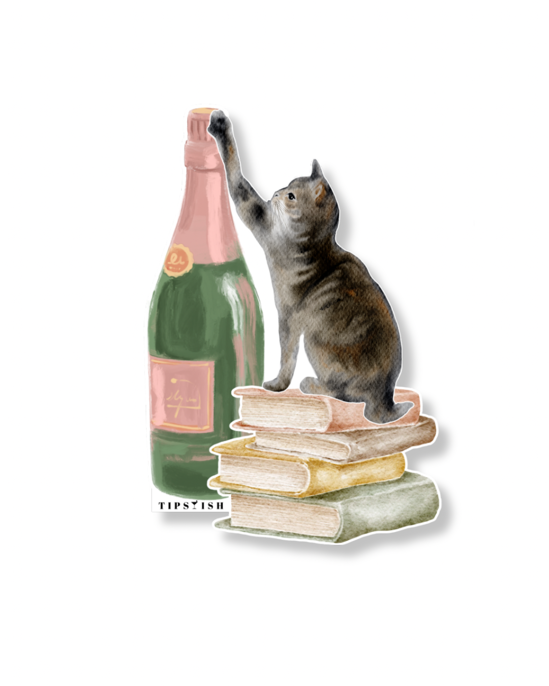 Grey Tabby Cat With Champagne Bottle Vinyl Sticker