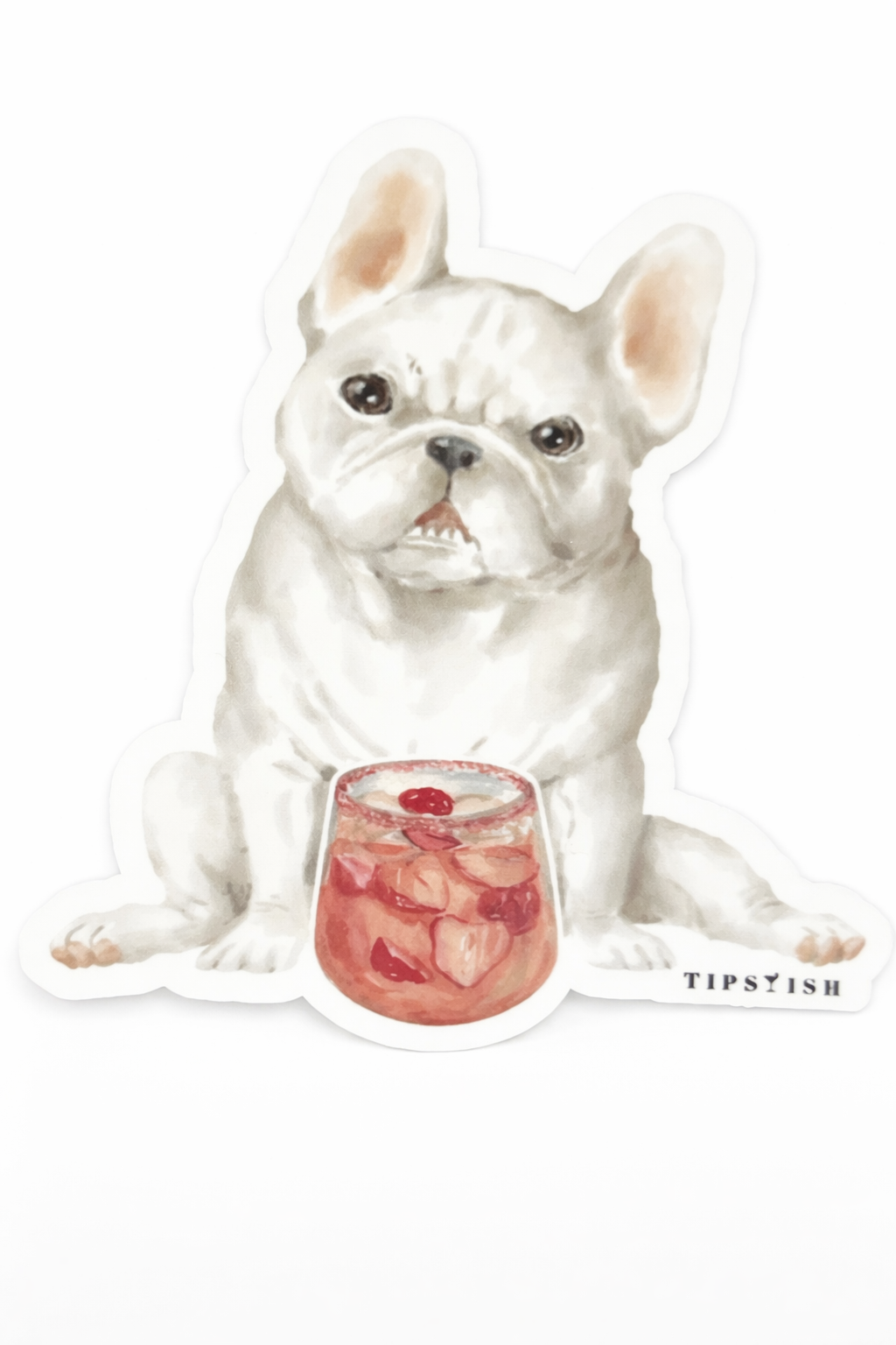 White dog with a cocktail and 'Tipsyish' branding on a white background