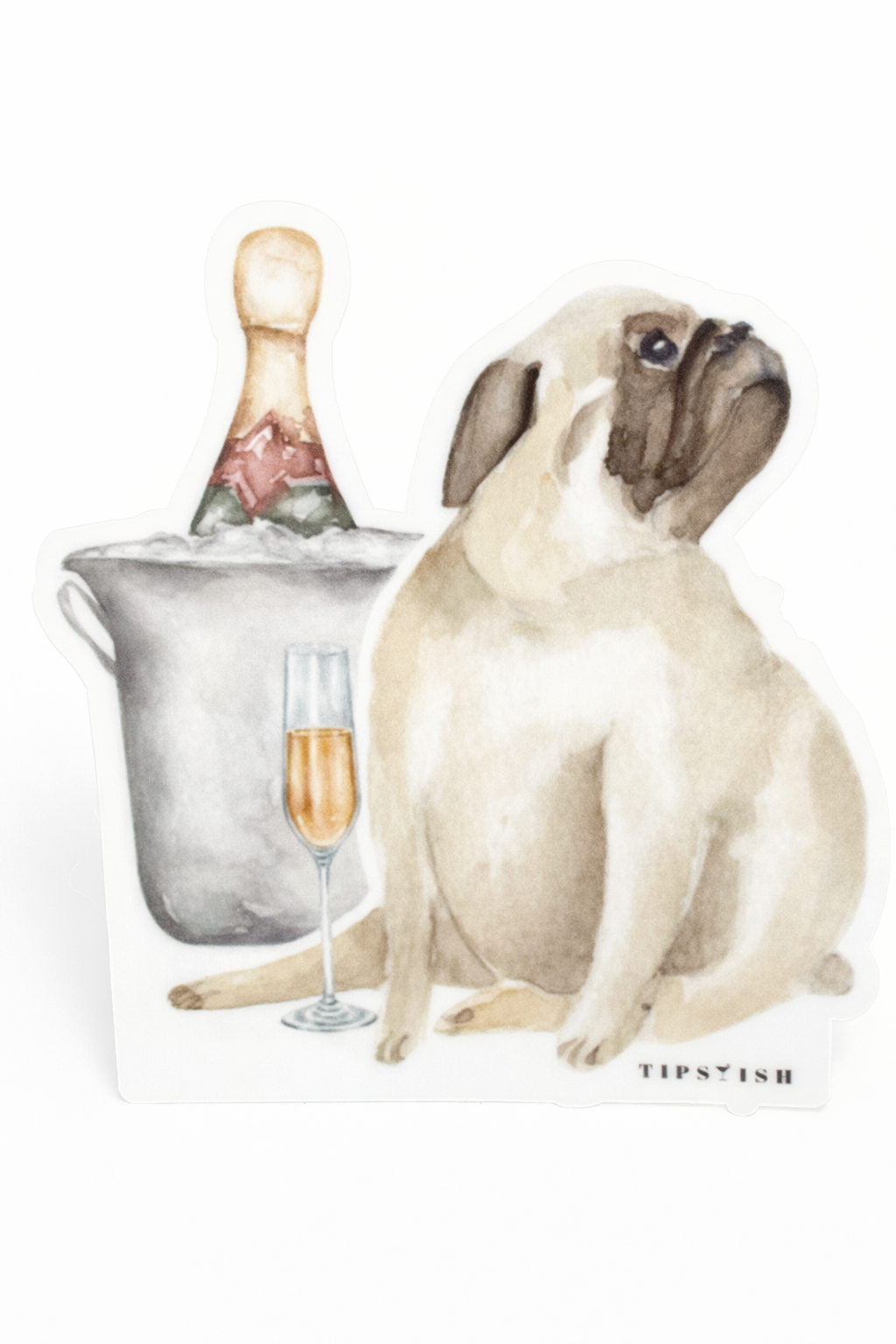 Illustration of a dog next to a bottle of champagne and a glass on a white background