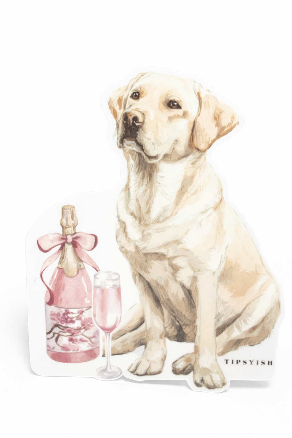 Dog sitting next to a bottle and glass with 'Tipsyish' branding on a white background