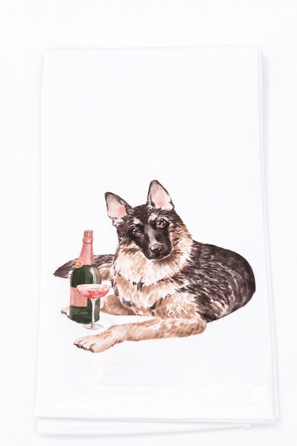 German Shepherd dog with a bottle and glass on a white background
