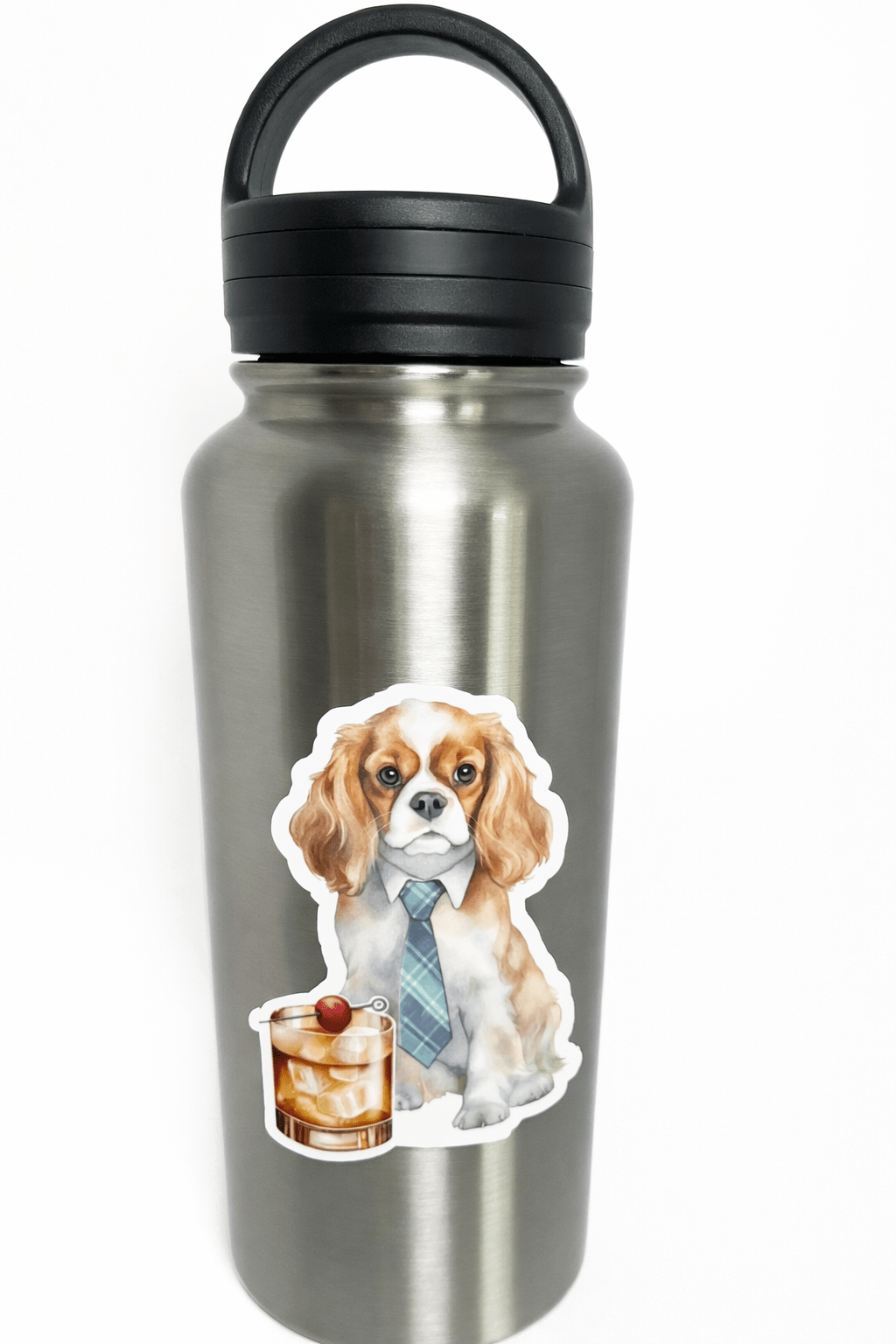 Stainless steel water bottle with a dog sticker on a white background