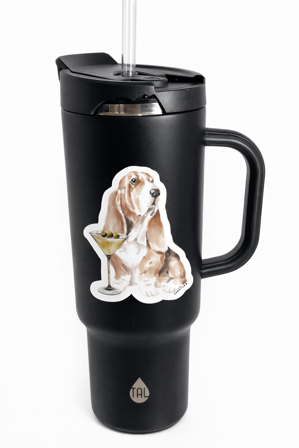 Black travel mug with a dog design and a brand logo on a white background