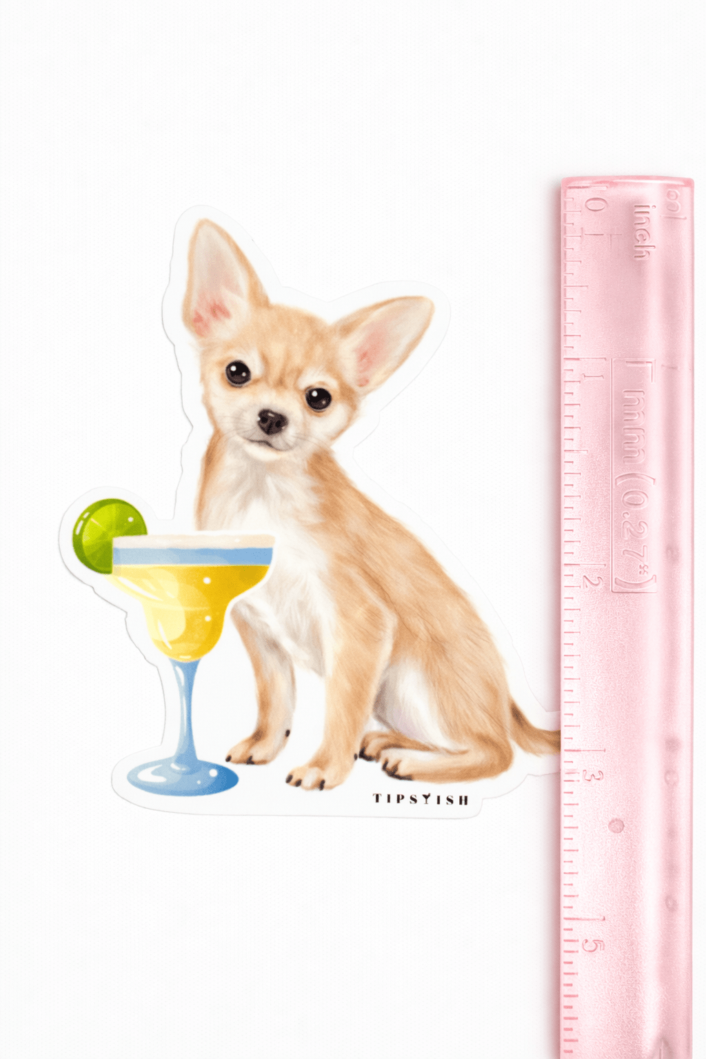 Illustration of a chihuahua with a cocktail and a ruler for scale on a white background