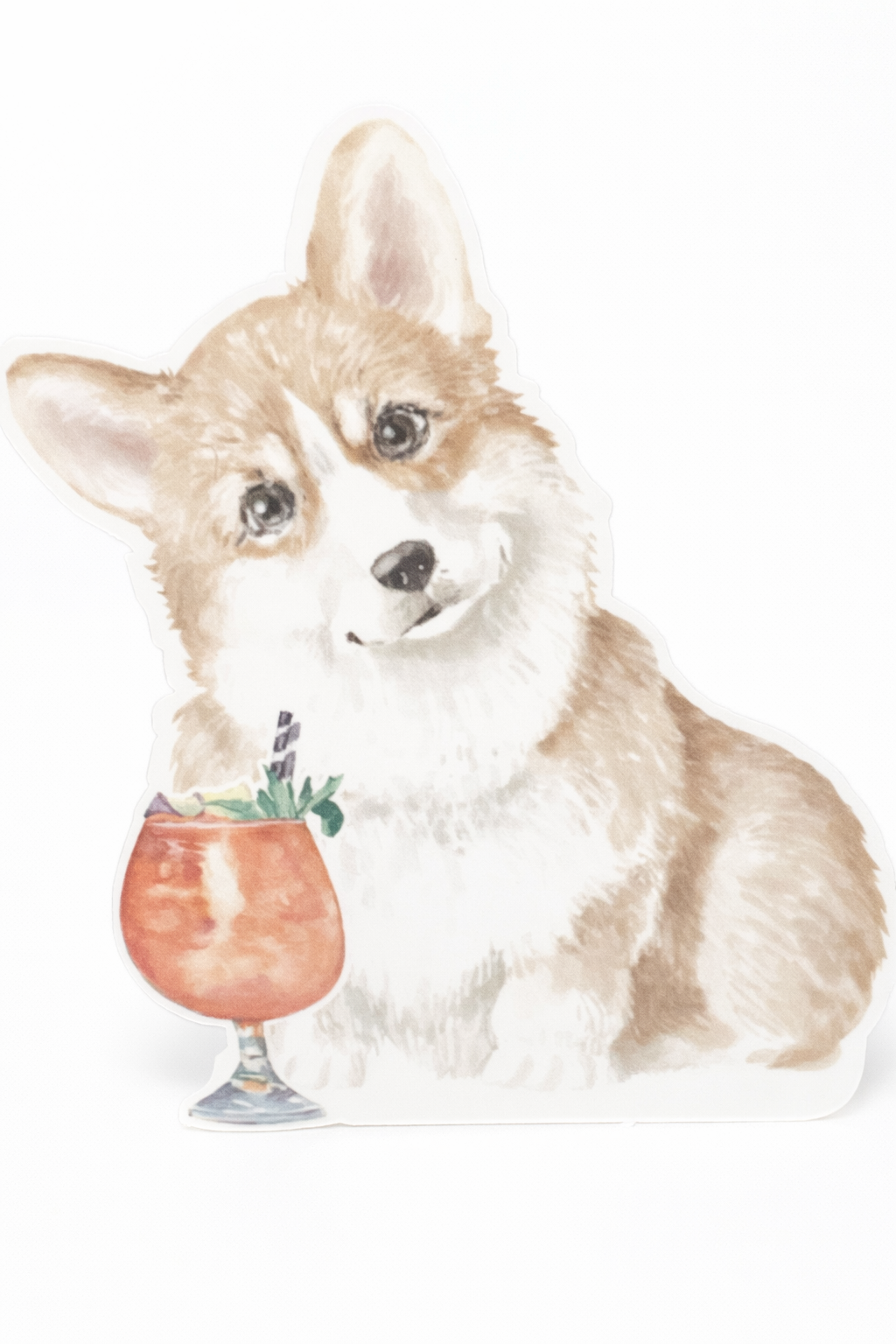 Illustration of a corgi holding a cocktail with a white background