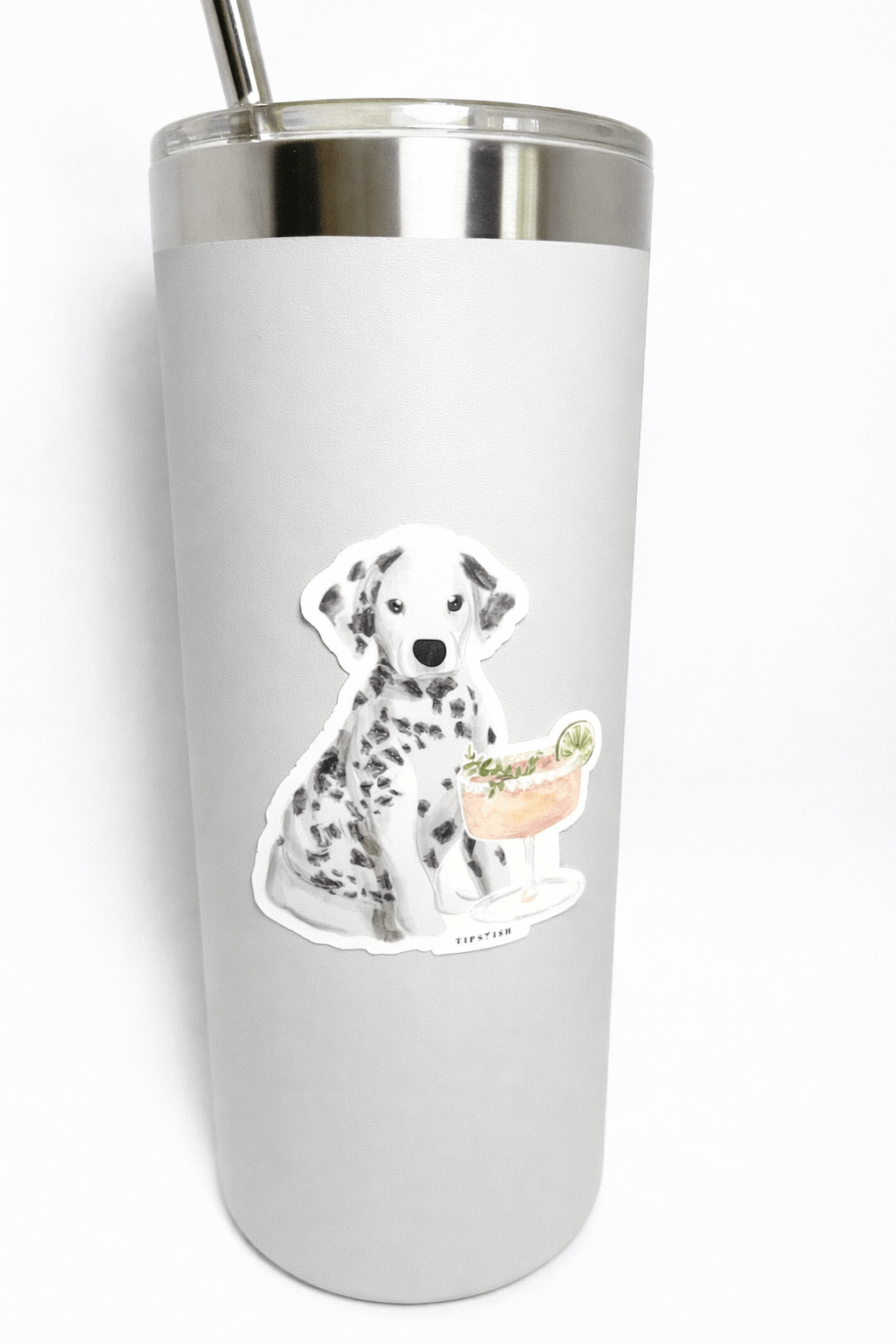 Grey tumbler with a Dalmatian dog design on a white background