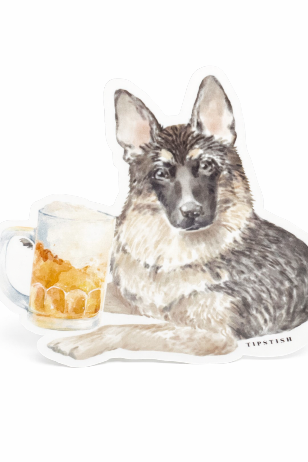 Dog-shaped sticker with a mug of beer on a white background