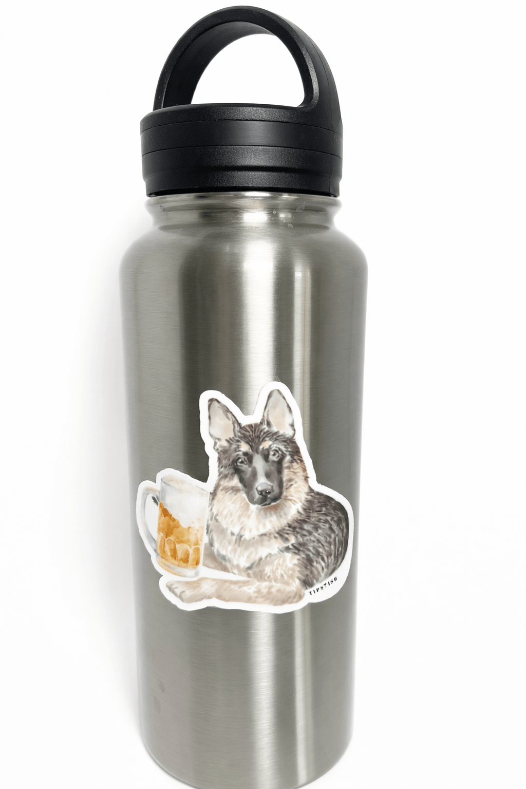 Stainless steel water bottle with a German Shepherd sticker on a white background
