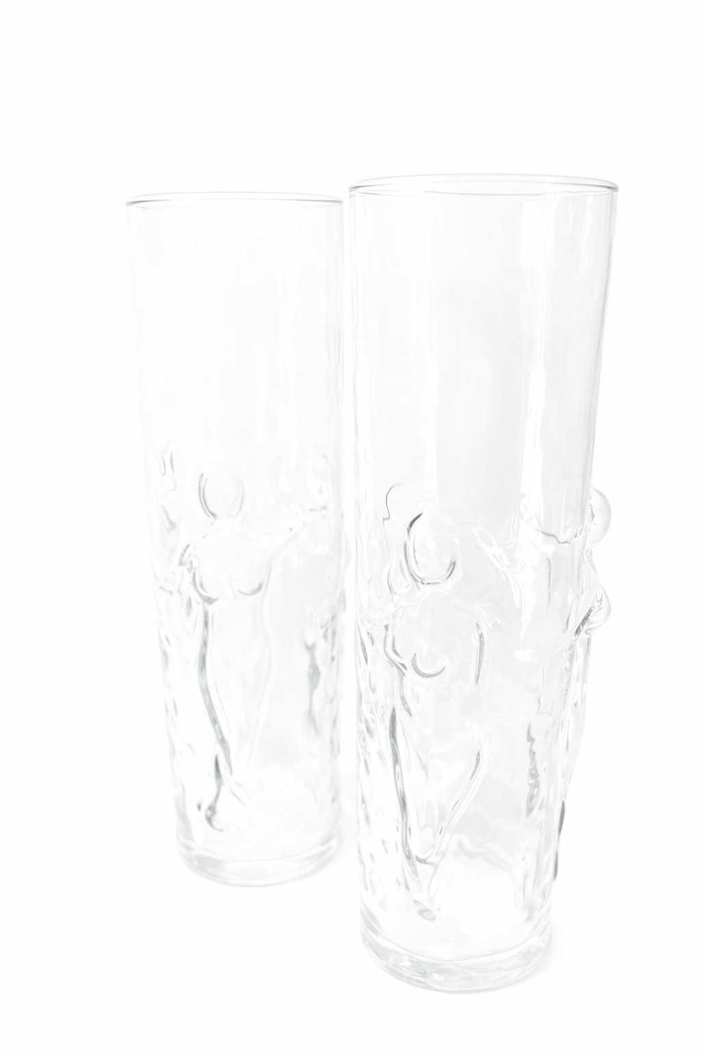 Two clear glass tumblers with textured design on a white background