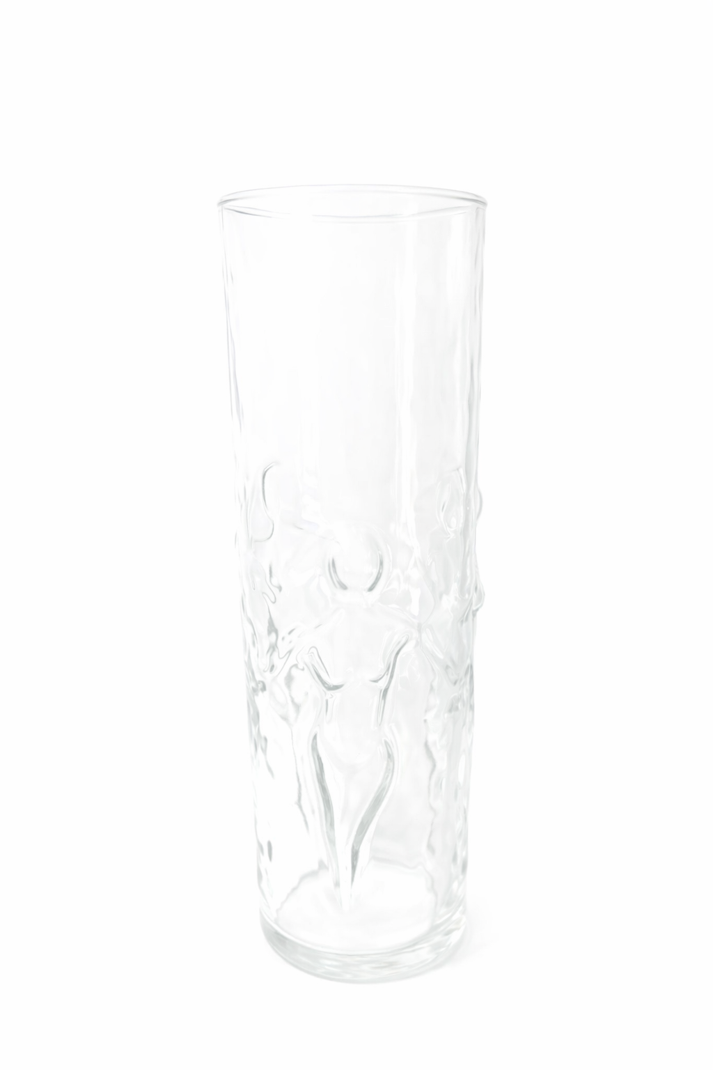 Clear glass vase with feminine design on a white background