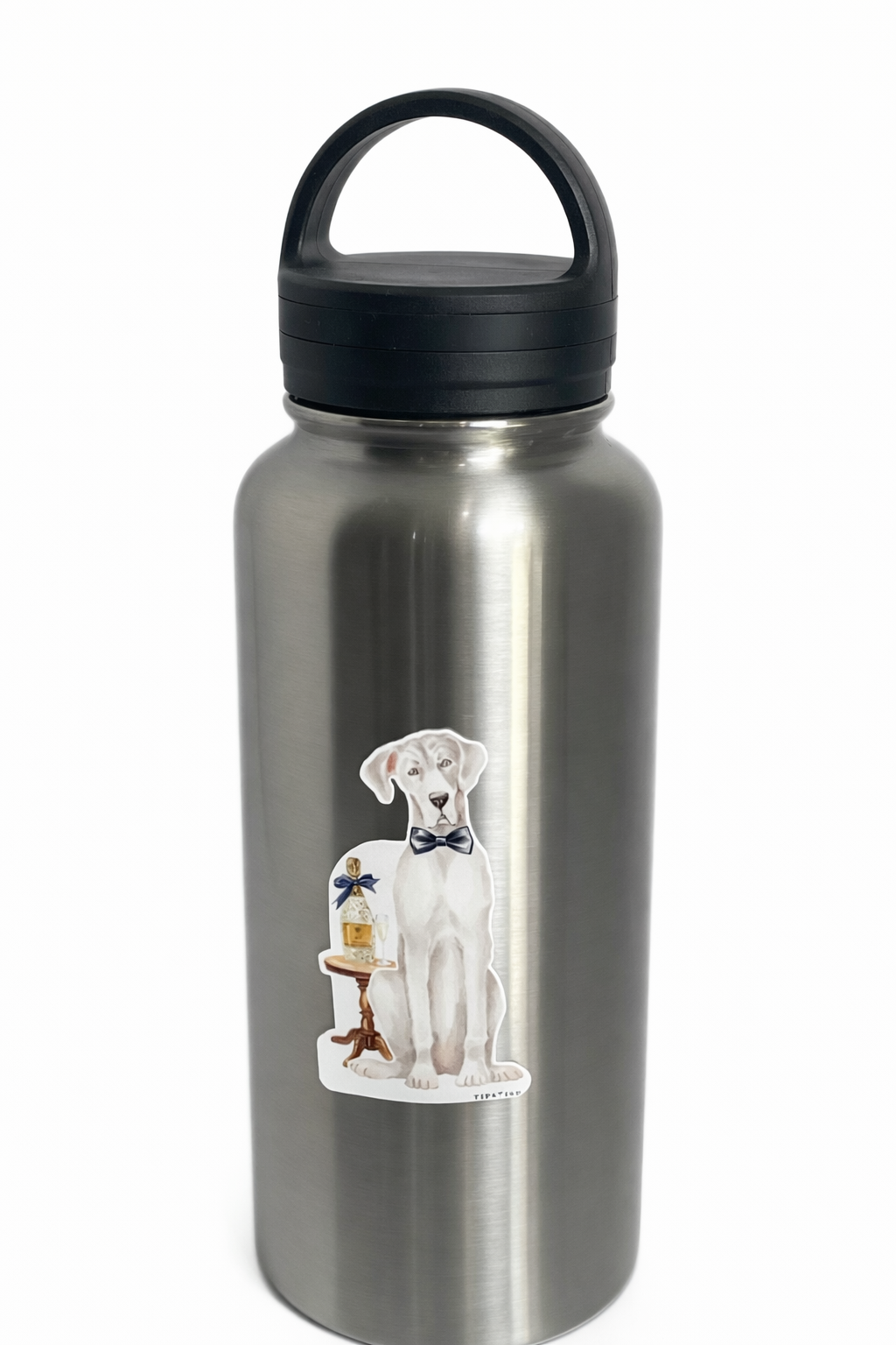 Silver water bottle with a dog illustration on a white background
