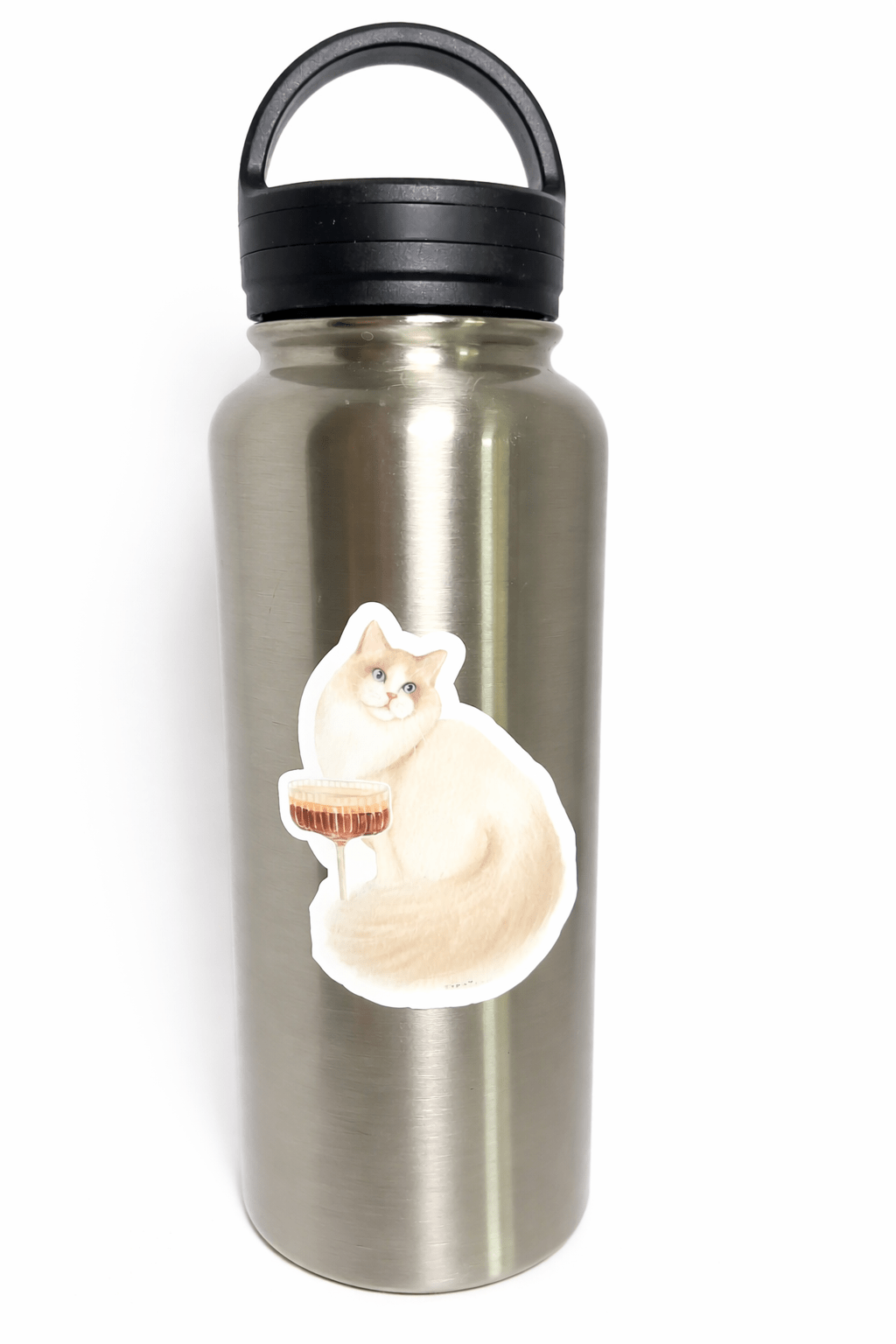 Stainless steel water bottle with a cat design on a white background