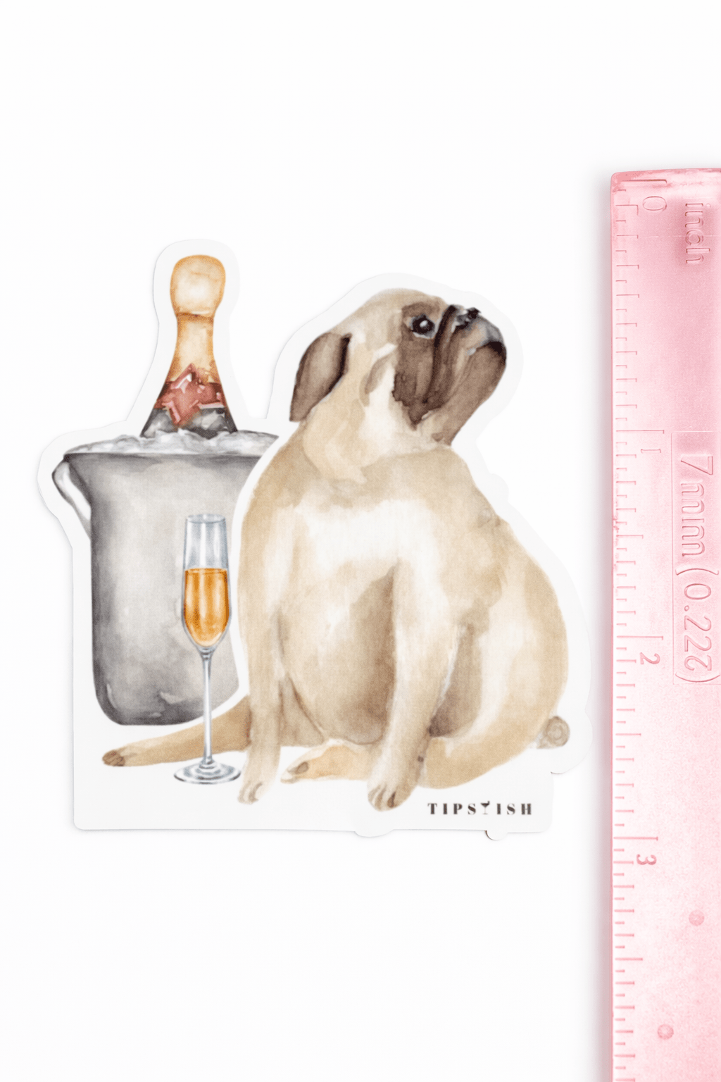 Illustration of a dog with a bottle and glass, next to a ruler for scale, on a white background.