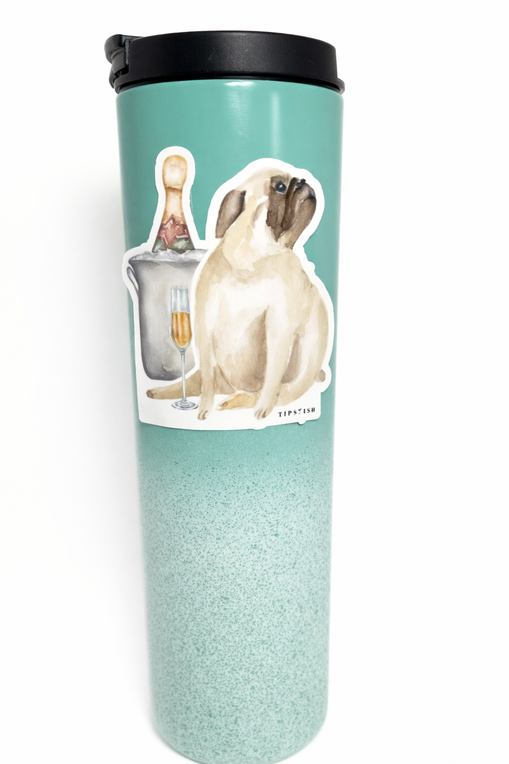 Teal tumbler with a pug design on a white background