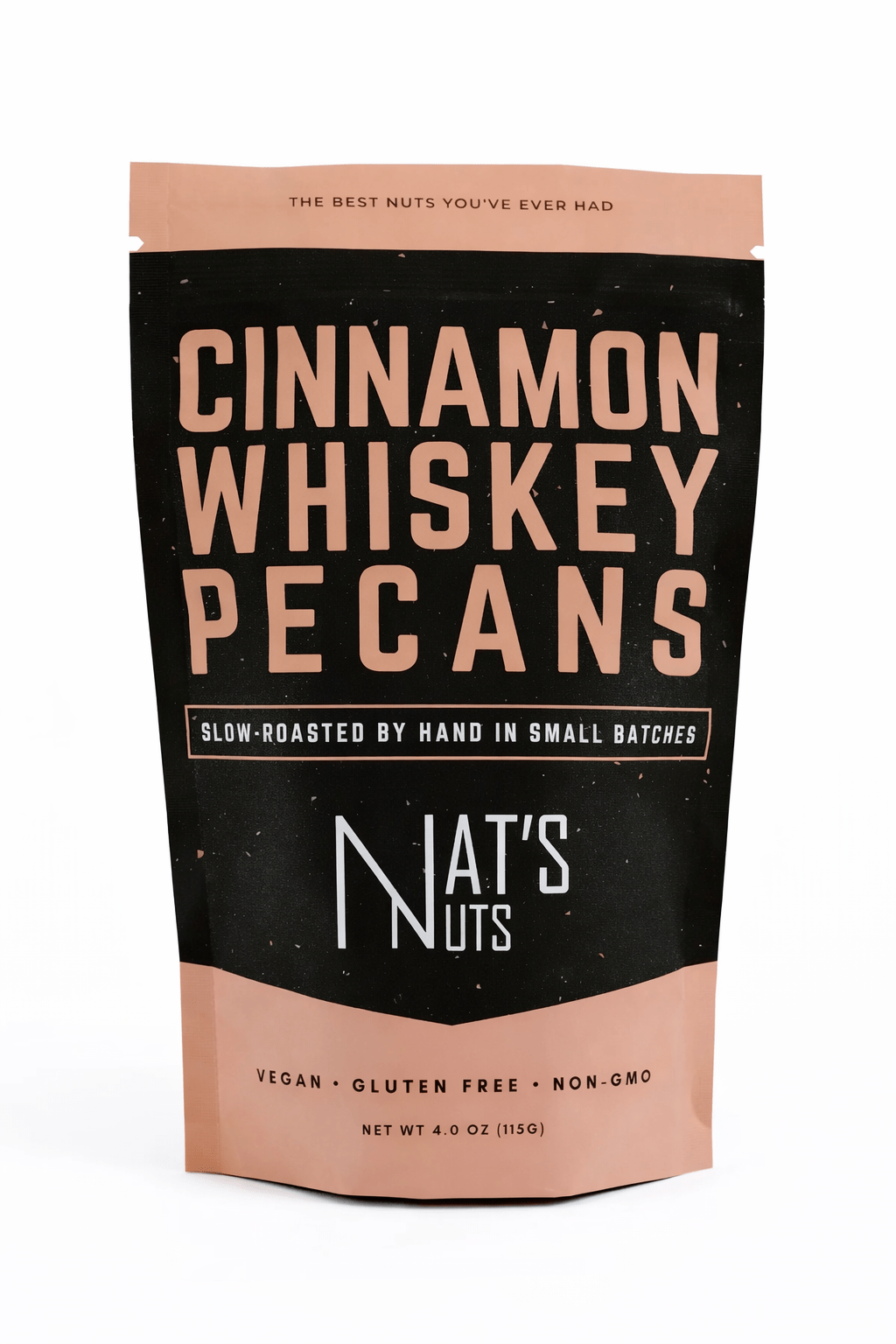 Packaging of Cinnamon Whiskey Pecans from Nat's Nuts on a white background
