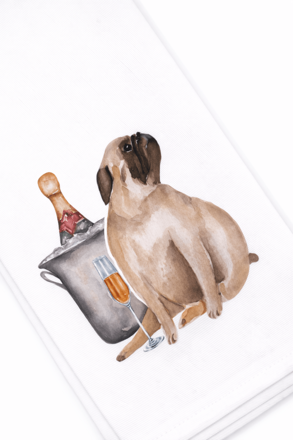 Illustration of a pug with champagne and a glass on a white background
