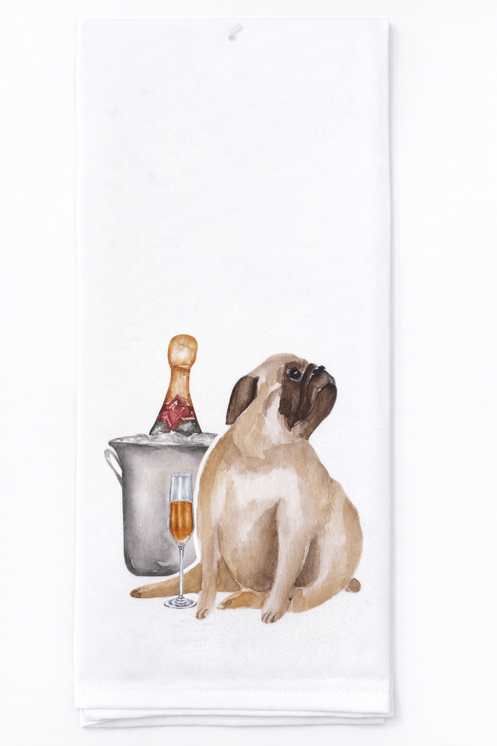 White tea towel with a design of a pug sitting next to an ice bucket with champagne 