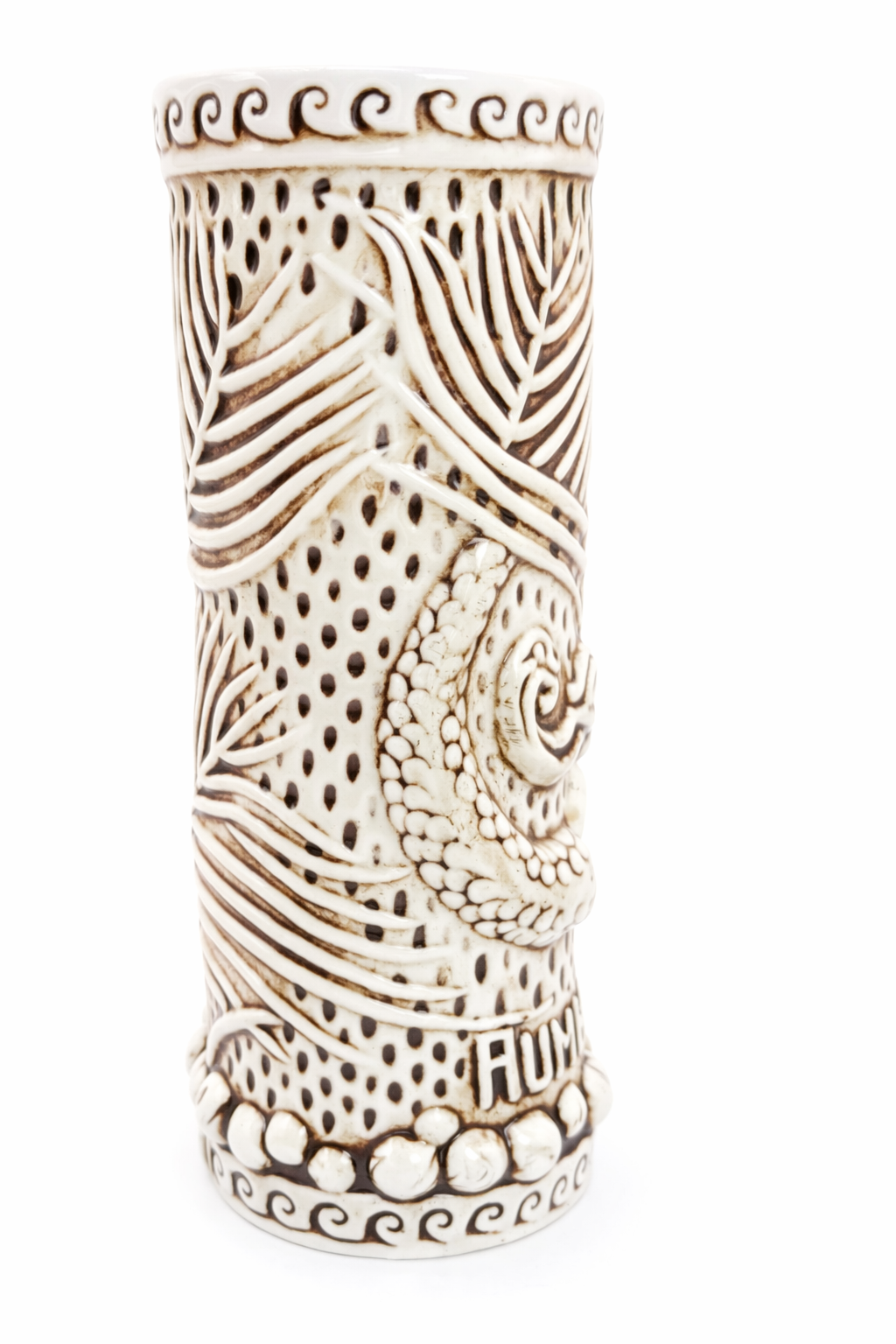 Detail view of the side of a RumHaven tiki mug by Tiki Rob highlighting sculptural ceramic design