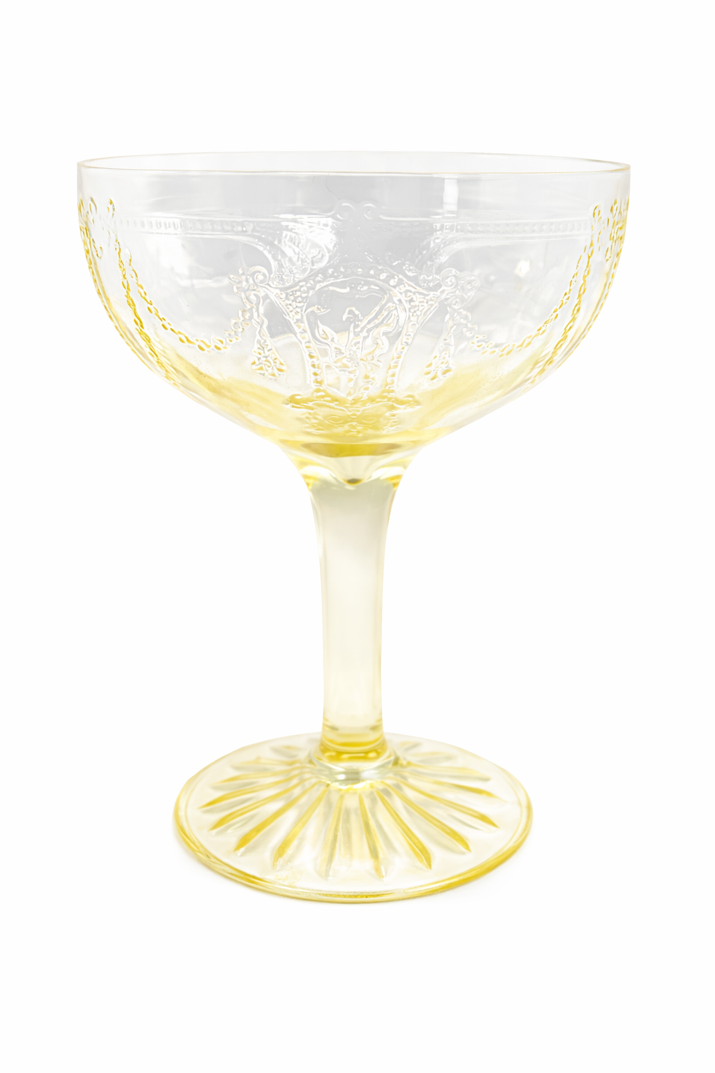 Single vintage Anchor Hocking Cameo champagne coupe glass in canary yellow Depression glass