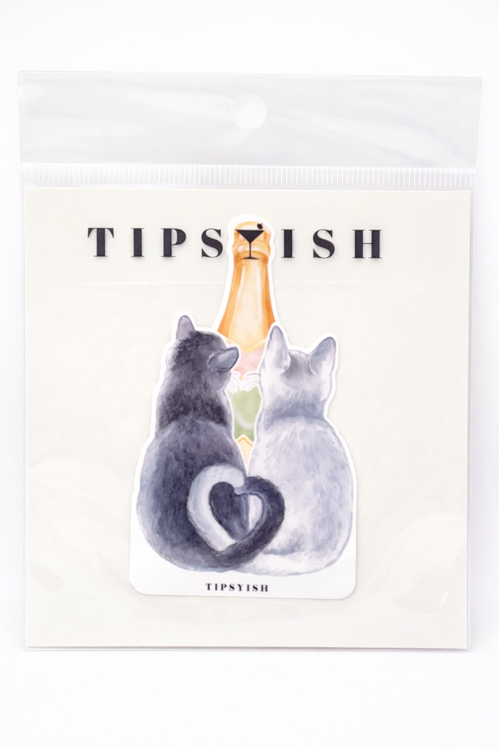 Cocktail-themed cat sticker on champagne bottle design, part of Tipsyish sticker collection