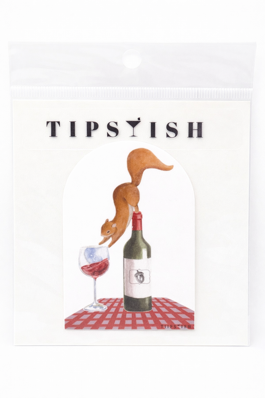 Cocktail-themed squirrel sticker with wine bottle and glass from Tipsyish sticker collection