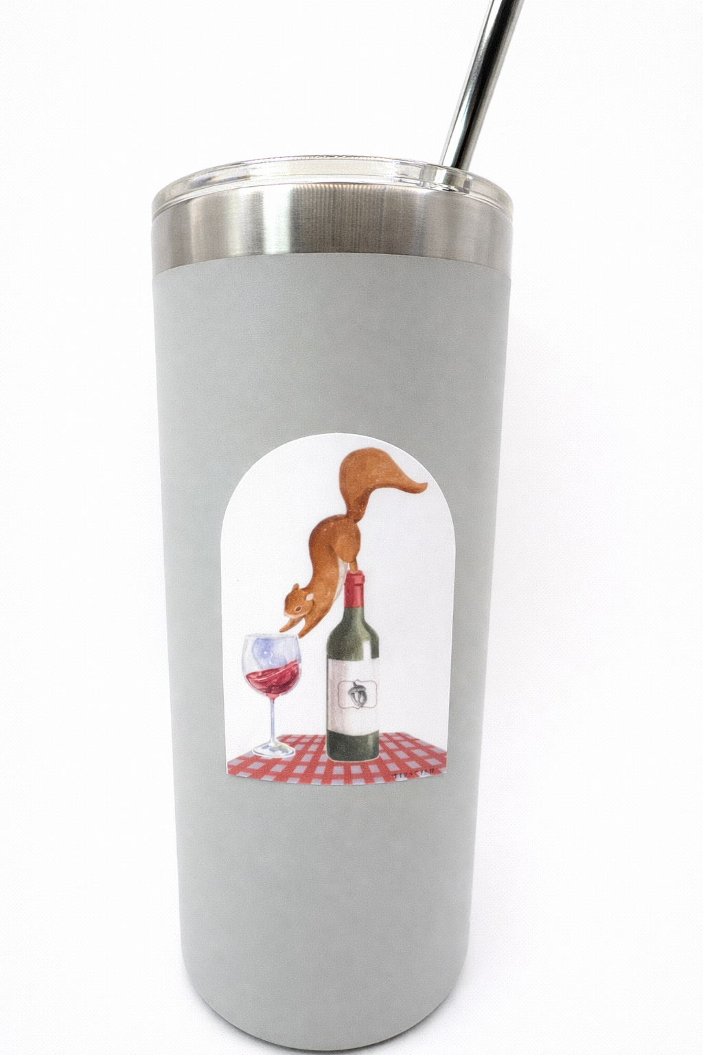 Wine squirrel vinyl sticker displayed on insulated tumbler