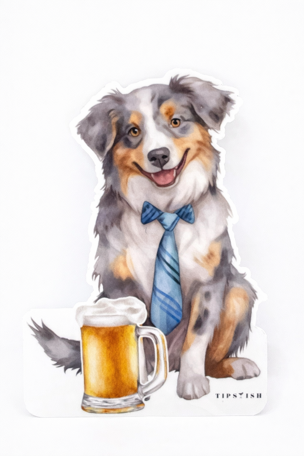 Australian Shepherd cocktail-themed vinyl sticker with dog wearing a blue tie and holding a beer mug