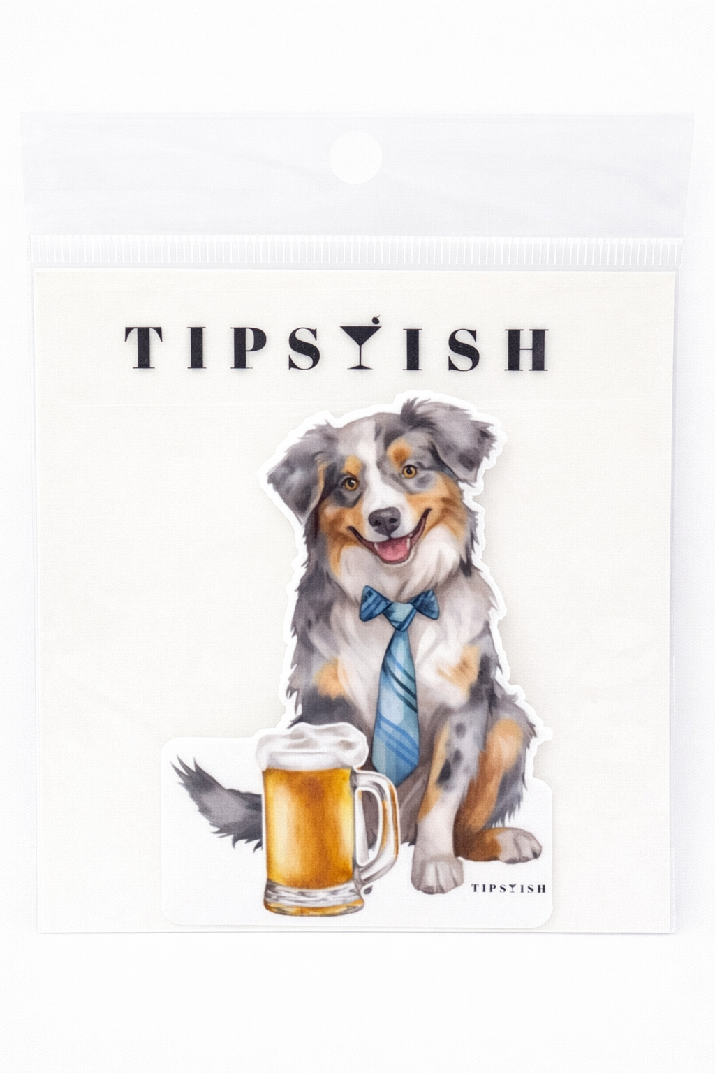 Tipsyish Australian Shepherd beer sticker displayed inside branded packaging