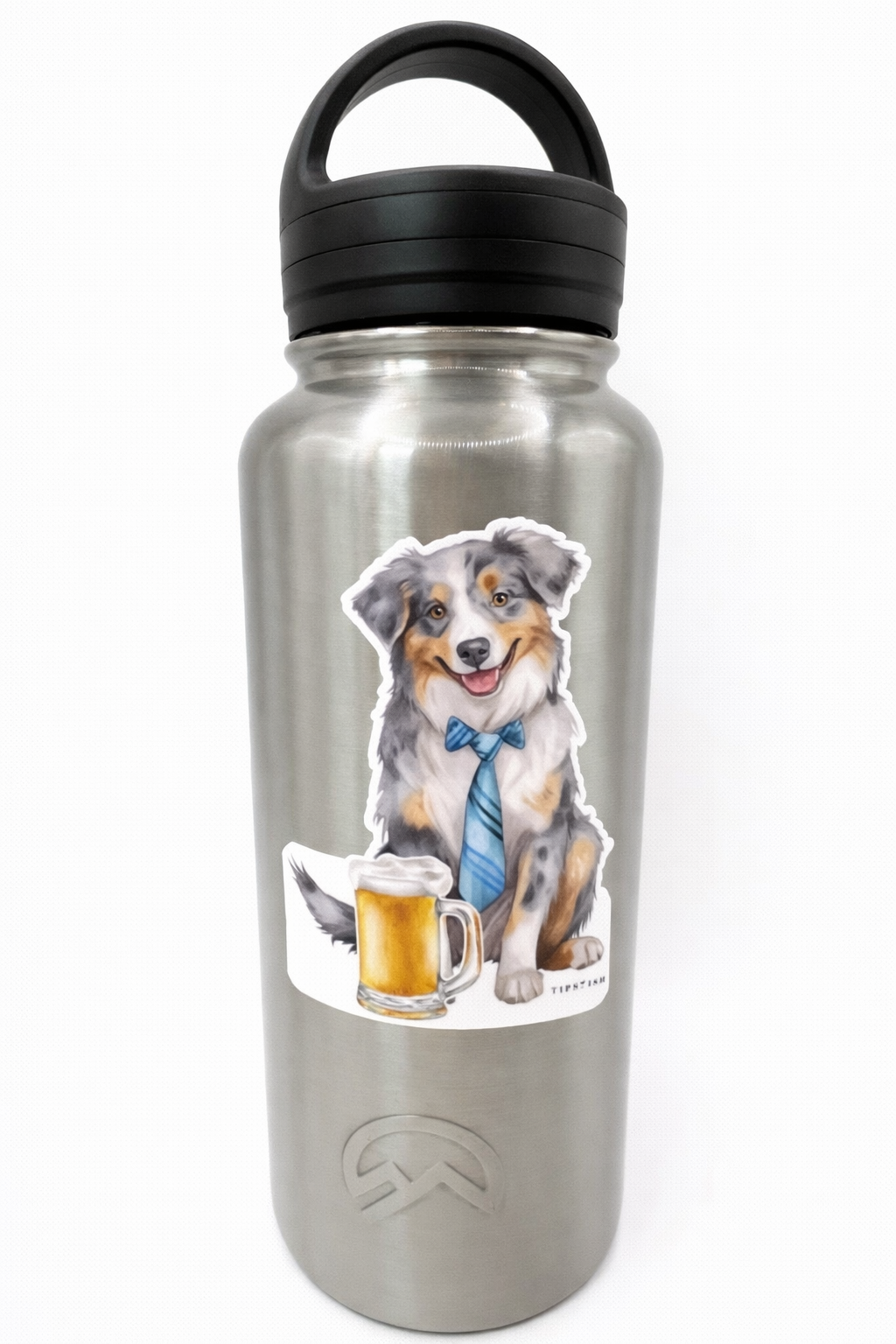 Cocktail-themed Australian Shepherd sticker applied to stainless steel water bottle
