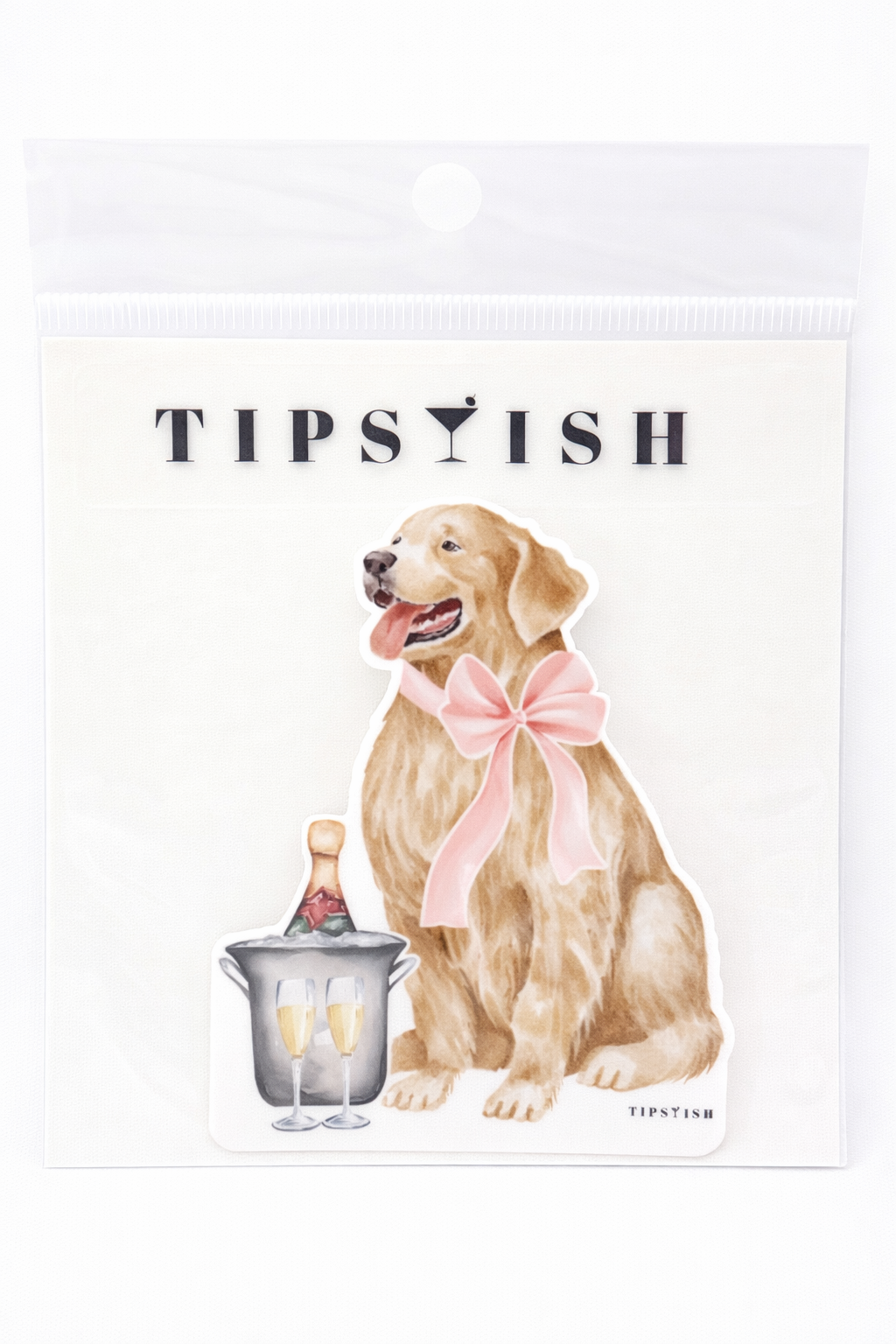 Golden Retriever champagne dog sticker packaged on Tipsyish backing card