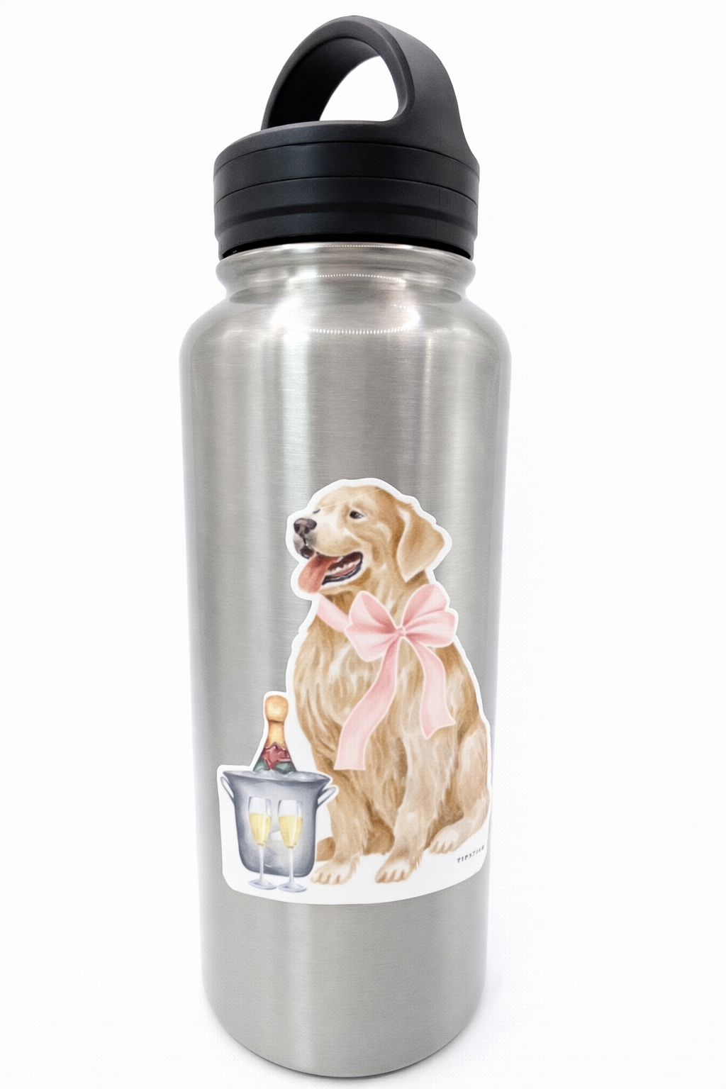 Golden Retriever cocktail sticker displayed on stainless steel water bottle