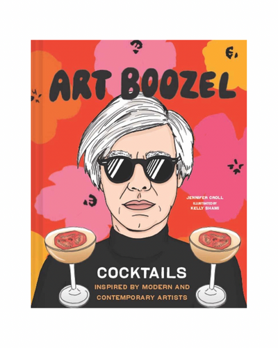 Art Boozel cocktail book cover featuring illustrated modern artist holding cocktails