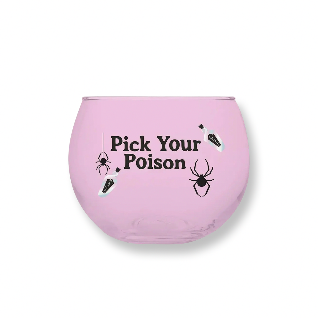 petite pink cocktail glass with spiders and potion bottles that says "pick your poison"