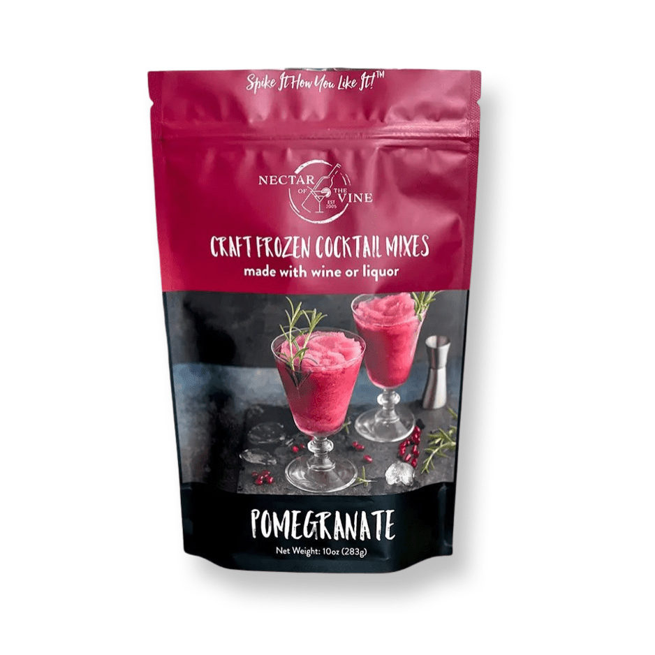 A package of Nectar of the Vine Pomegranate Wine Slushy Mix, featuring an image of a glass of pomegranate cocktail and pomegranate fruits.