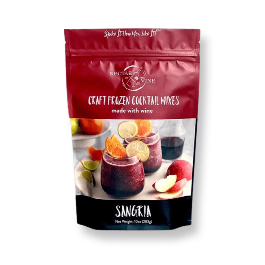 A package of Nectar of the Vine Sangria Wine Slushy Mix, featuring an image of a prepared slushy glass with fruits, along with a red and white color scheme for the packaging.