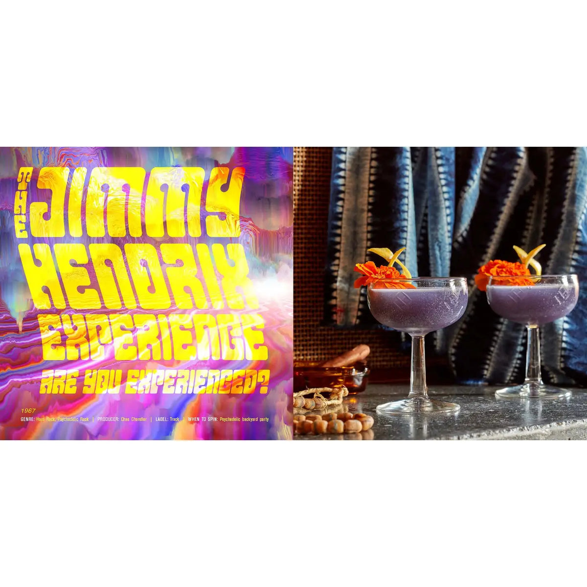Interior pages of Booze & Vinyl 2 featuring Jimi Hendrix's Are You Experienced? album with psychedelic artwork and two purple cocktails served in coupe glasses with floral garnishes.