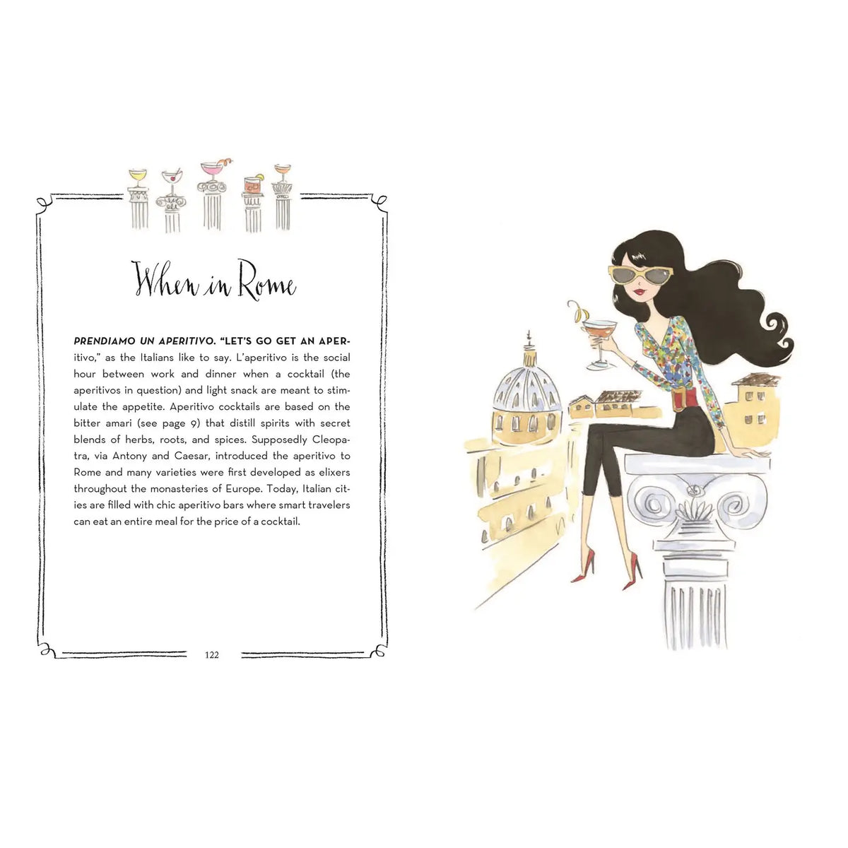 When in Rome interior spread from Ladies Who Drink featuring Italian aperitivo traditions and a stylish illustrated woman holding a cocktail overlooking Rome.