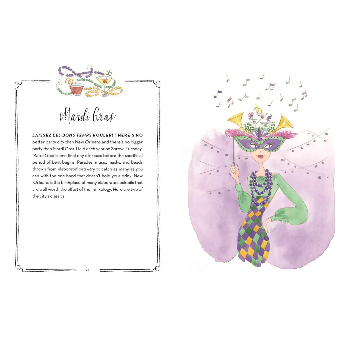 Illustrated Mardi Gras spread from Ladies Who Drink featuring New Orleans cocktail traditions and a fashionable woman wearing a colorful masquerade mask and beads.