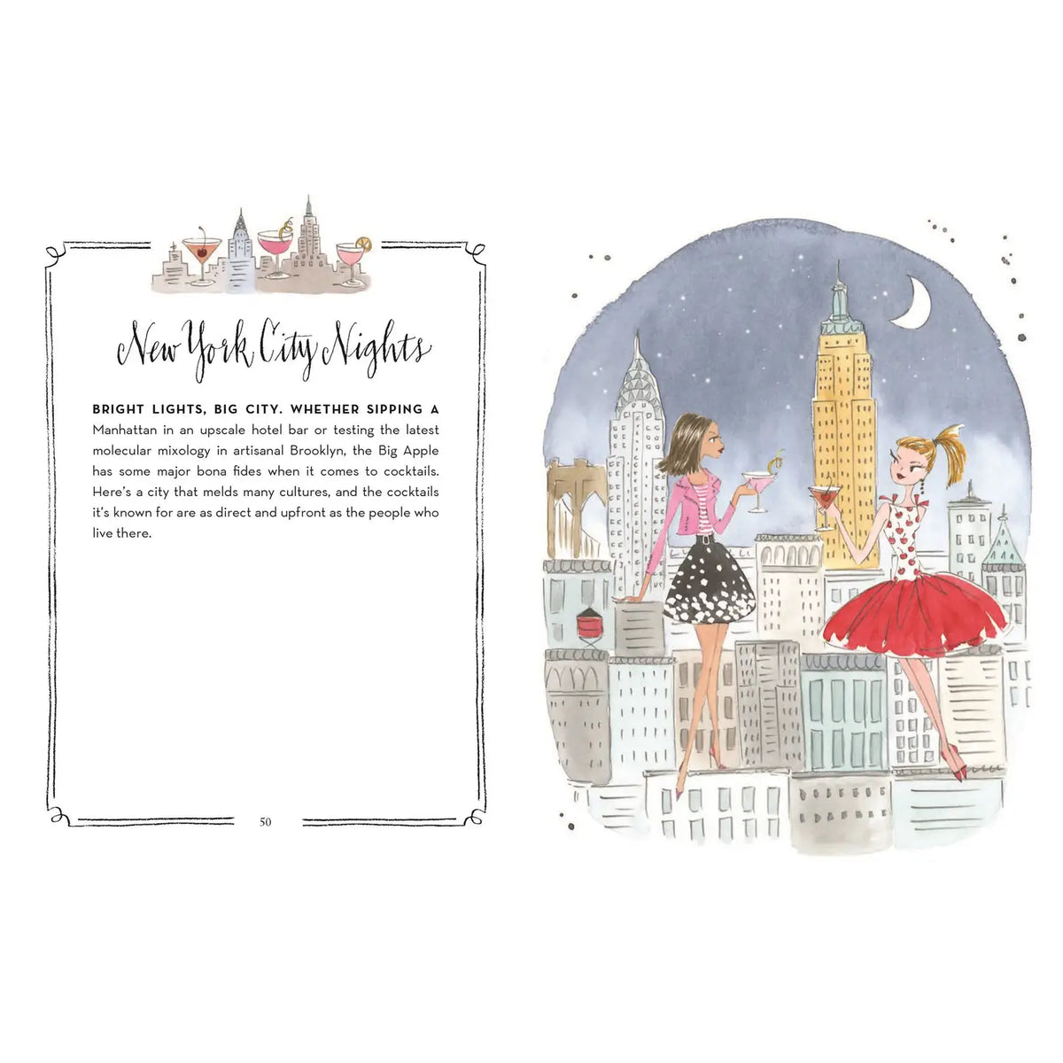 Interior pages of Ladies Who Drink featuring New York City Nights cocktail inspiration and fashionable women holding martinis above an illustrated Manhattan skyline.