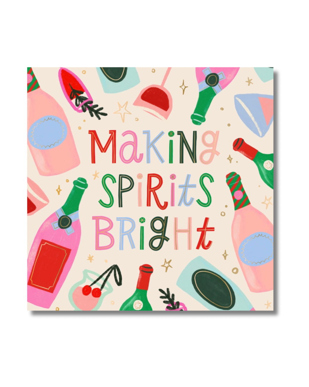 Colorful Christmas cocktail napkin featuring “Making Spirits Bright” surrounded by festive bottles, cocktail glasses, cherries and holiday accents.