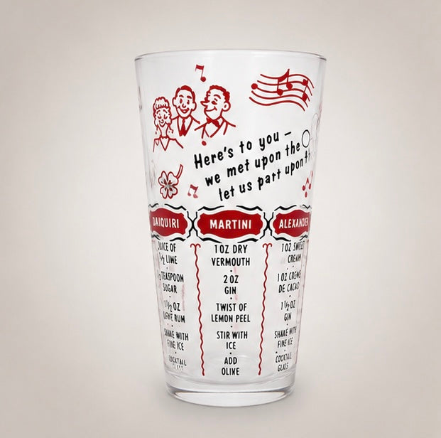 Close-up showing vintage Martini and Daiquiri cocktail recipes printed on a retro mixer glass.