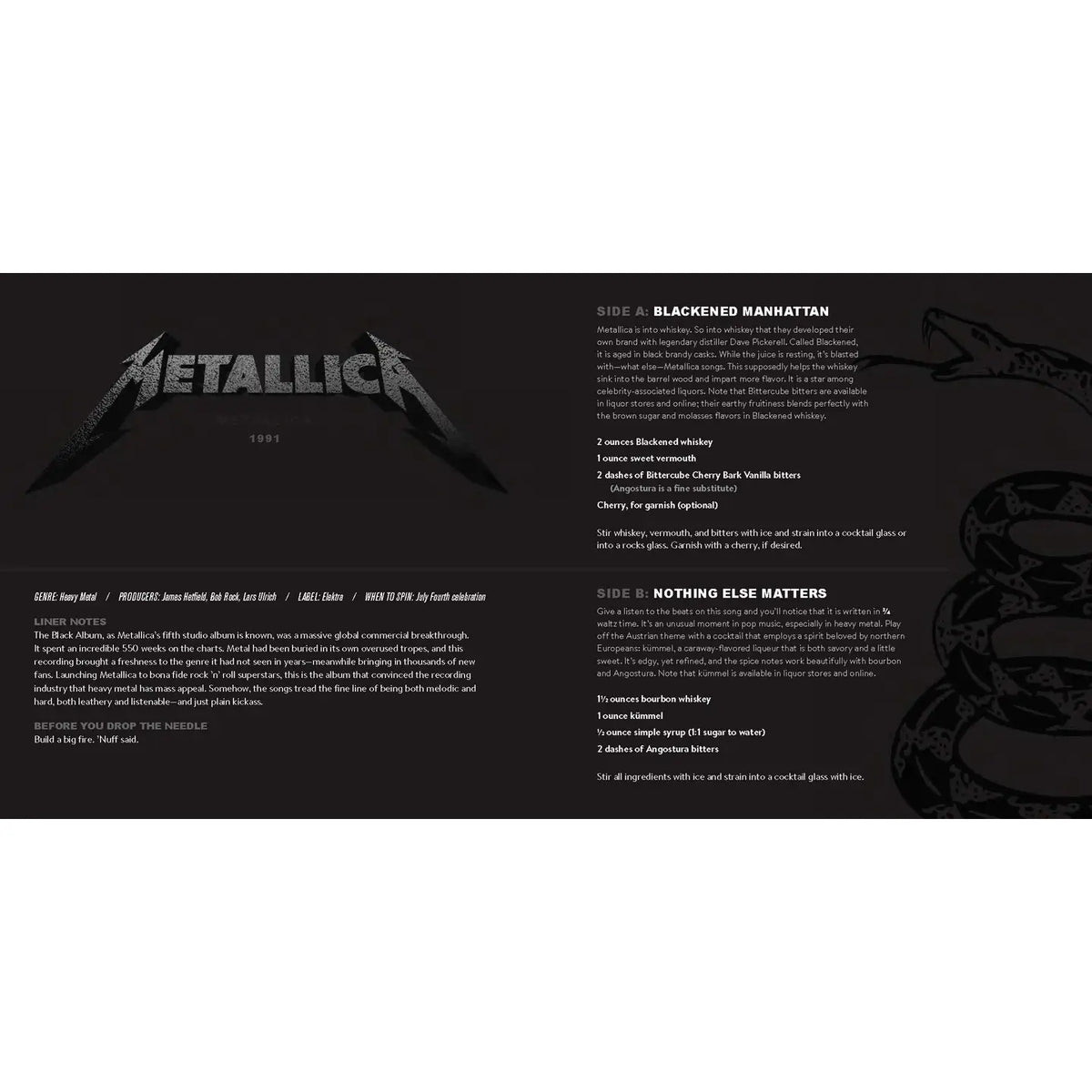 Black interior pages of Booze & Vinyl 2 featuring Metallica's 1991 Black Album with Blackened Manhattan and Nothing Else Matters whiskey cocktail recipes.